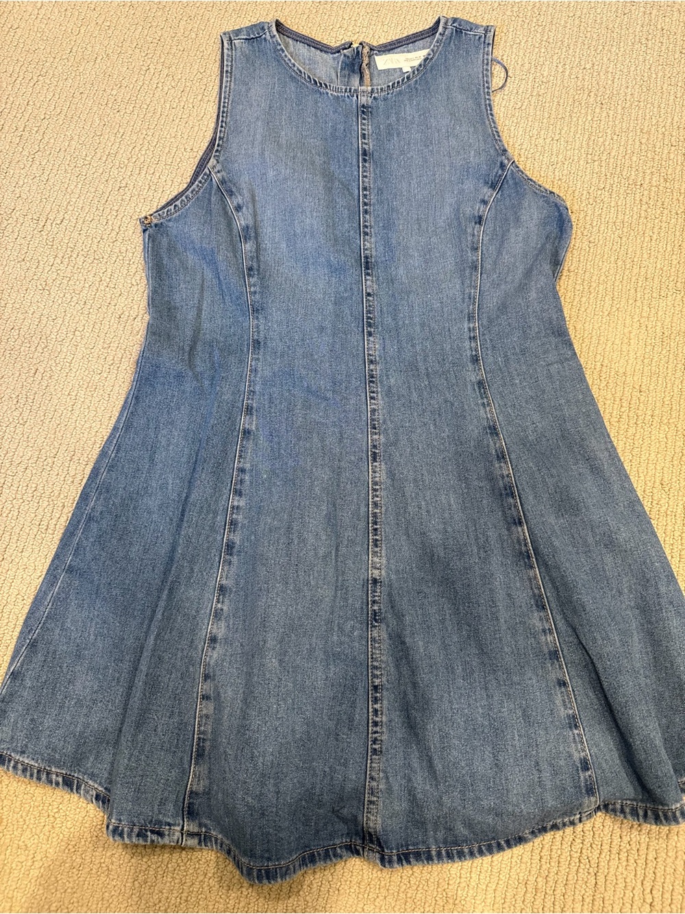 Zara Sleeveless Denim A-Line Dress in Faded Blue